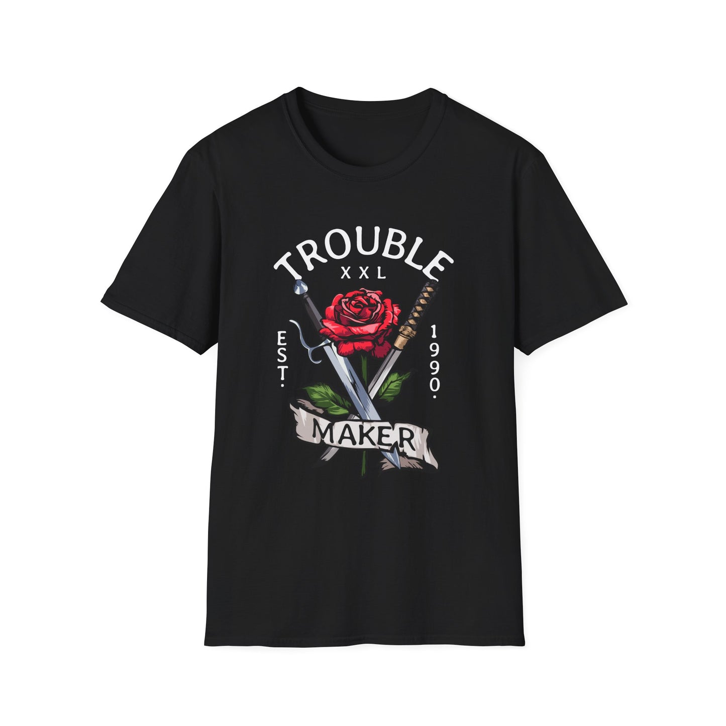 Trouble Maker Graphic T-Shirt with Red Rose and Swords Design