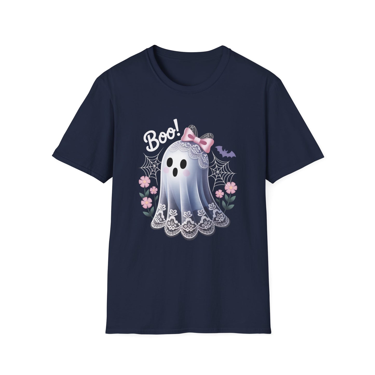 Lace Ghost T-Shirt, Halloween Tee, Cute Spooky Shirt, Haunted Flower Top, Pastel Goth Apparel, All-Occasion Casual Wear, Unisex Softstyle