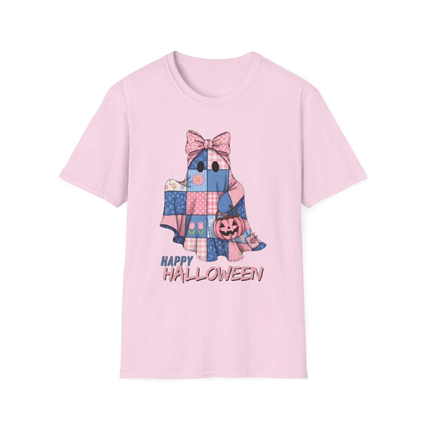 Patch and Boo, Spooky Happy Plush Character Unisex Softstyle T-Shirt, Halloween Trick-or-Treat Apparel, Stitched Style Shirt