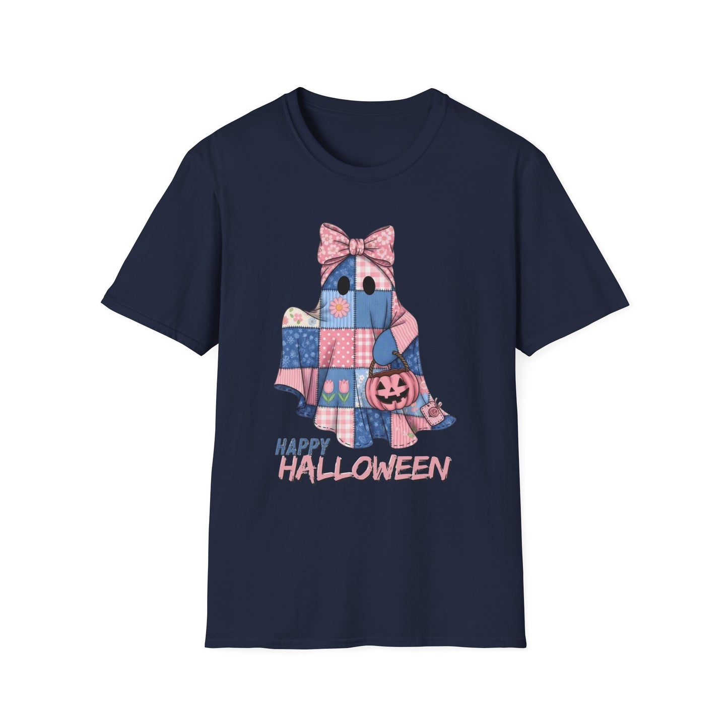 Patch and Boo, Spooky Happy Plush Character Unisex Softstyle T-Shirt, Halloween Trick-or-Treat Apparel, Stitched Style Shirt