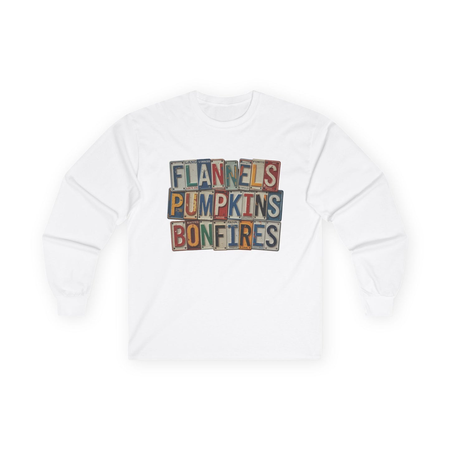 “Flannels, Pumpkins & Bonfires” Long Sleeve Tee – License Plate Layers Edition