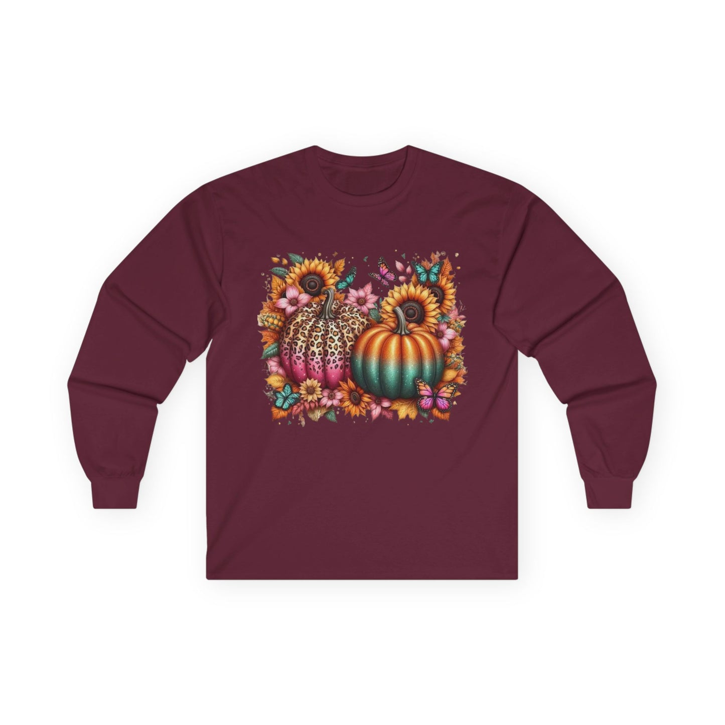 “Wild Bloom Pumpkins” Long Sleeve Tee – Leopard Luxe & Teal Twilight Edition