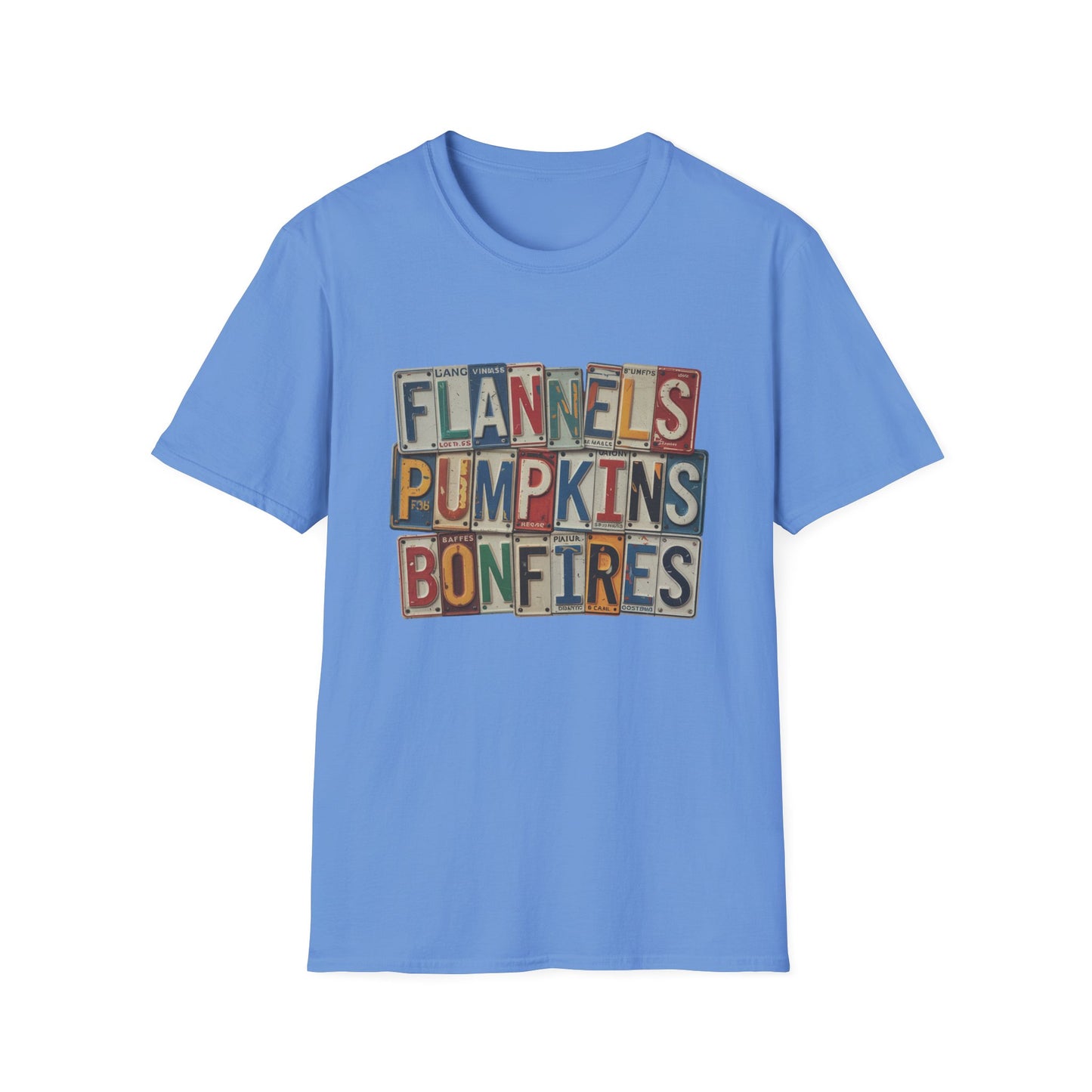 “Flannels, Pumpkins & Bonfires” Tee – License Plate Layers Edition