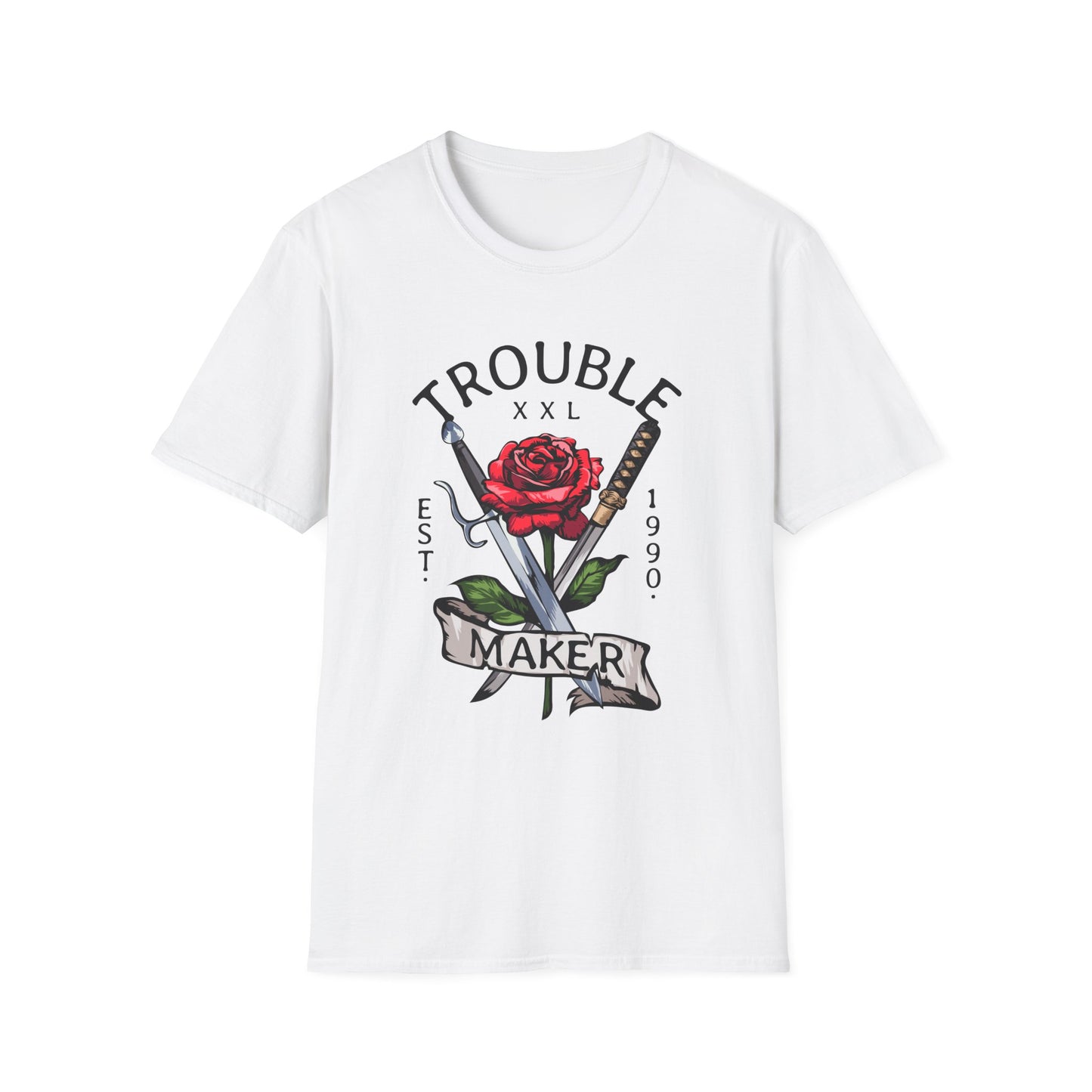 Trouble Maker Graphic T-Shirt with Red Rose and Swords Design