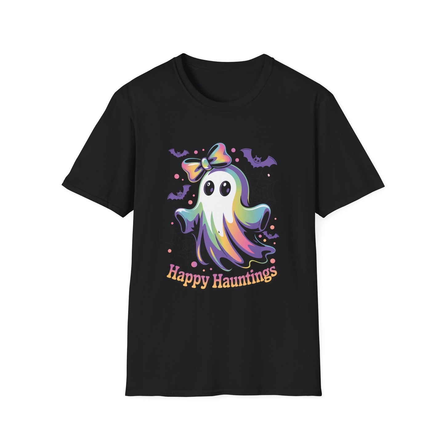 Happy Hauntings Unisex Softstyle T-Shirt - Ghostlike Pop-Art Mascot Tee, Halloween Trick-or-Treat Apparel