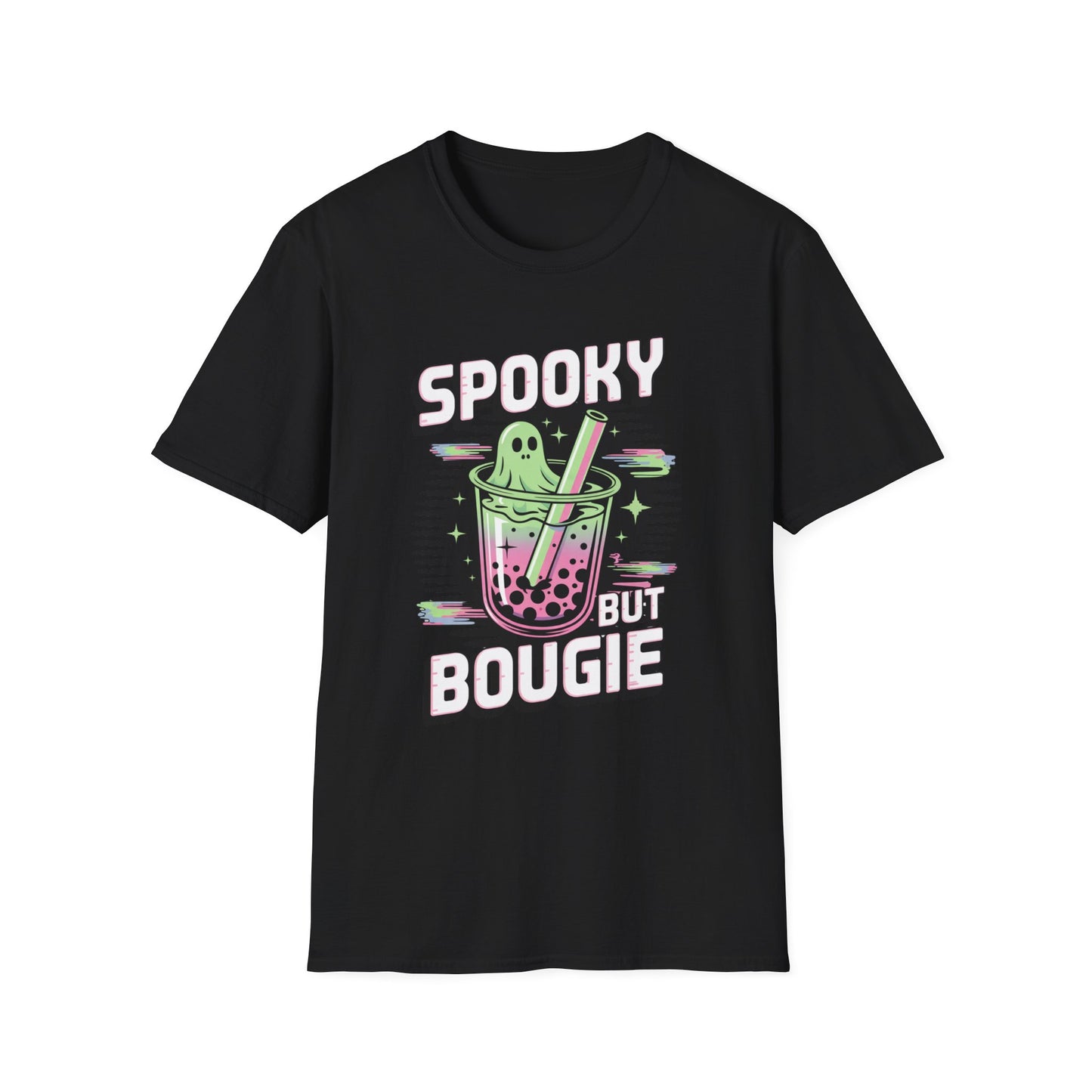 Ghostly Bubble Tea Unisex Softstyle T-Shirt, Spooky Sip, Halloween Tee, Bougie Spirit Shirt, Pastel Sparkles Shirt, Haunted Beverage Top