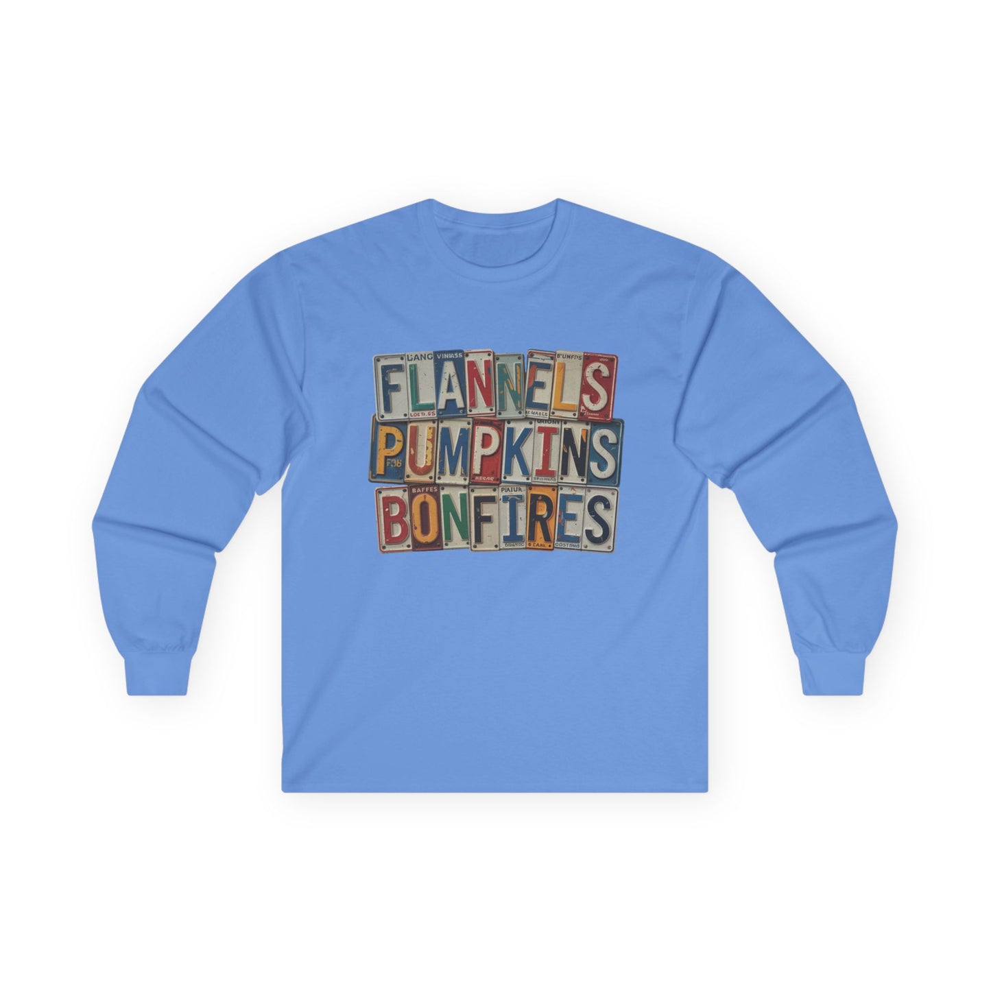 “Flannels, Pumpkins & Bonfires” Long Sleeve Tee – License Plate Layers Edition