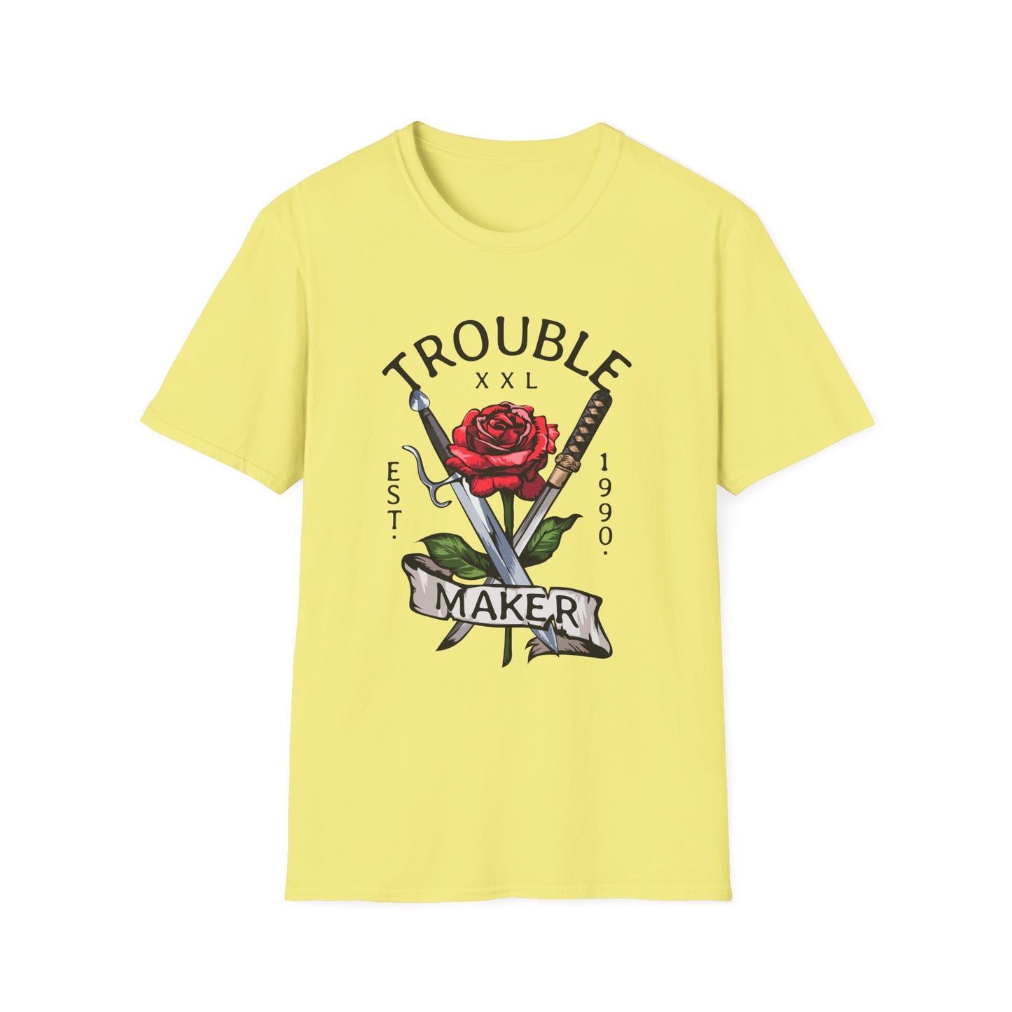 Trouble Maker Graphic T-Shirt with Red Rose and Swords Design