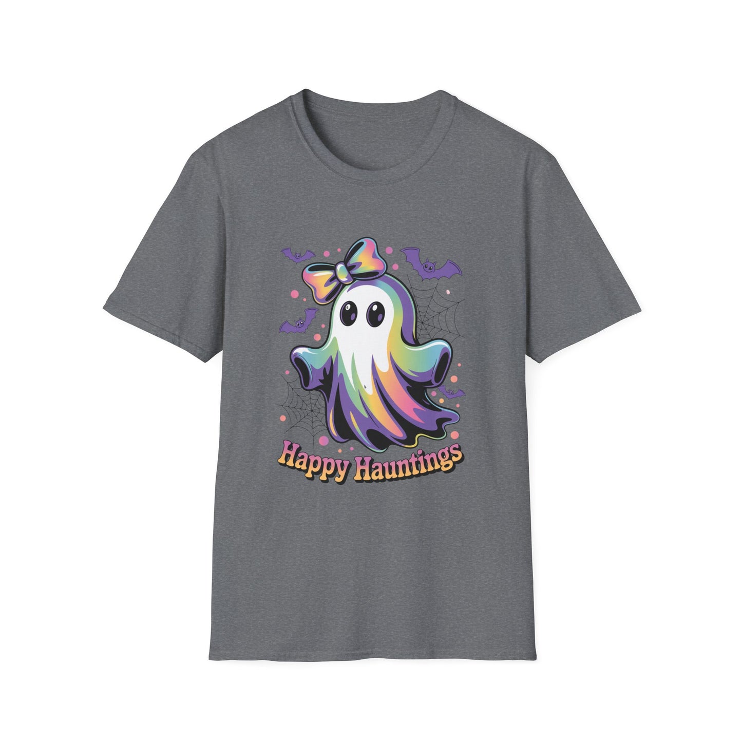 Happy Hauntings Unisex Softstyle T-Shirt - Ghostlike Pop-Art Mascot Tee, Halloween Trick-or-Treat Apparel