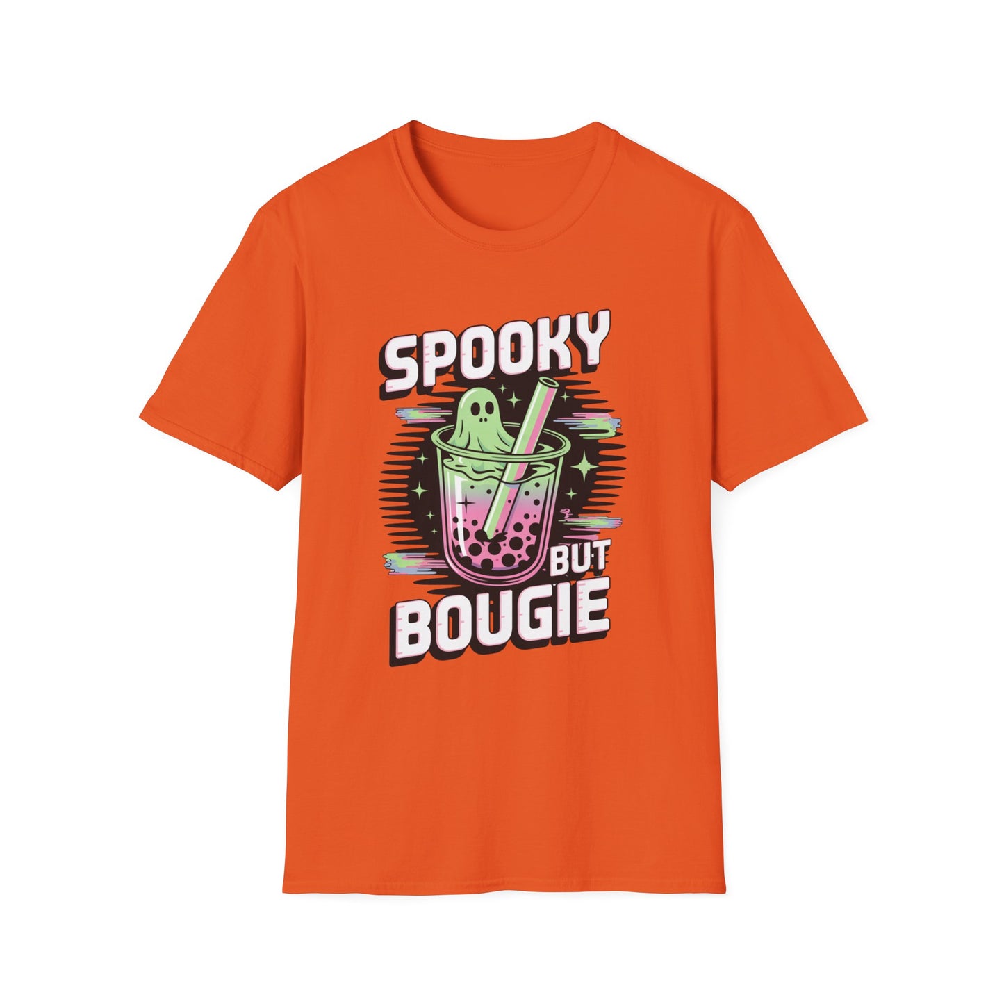 Ghostly Bubble Tea Unisex Softstyle T-Shirt, Spooky Sip, Halloween Tee, Bougie Spirit Shirt, Pastel Sparkles Shirt, Haunted Beverage Top