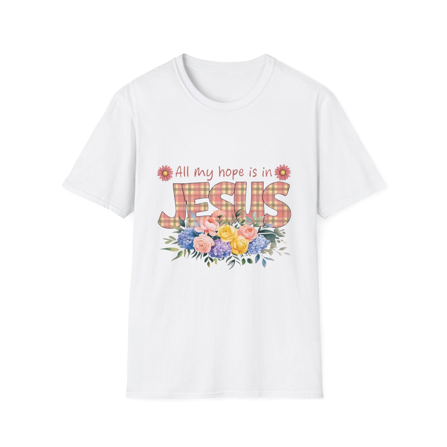 All My Hope Is in Jesus – Floral Faith Tee with Plaid Lettering