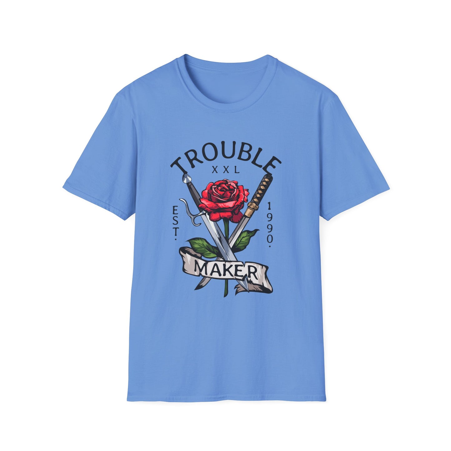 Trouble Maker Graphic T-Shirt with Red Rose and Swords Design