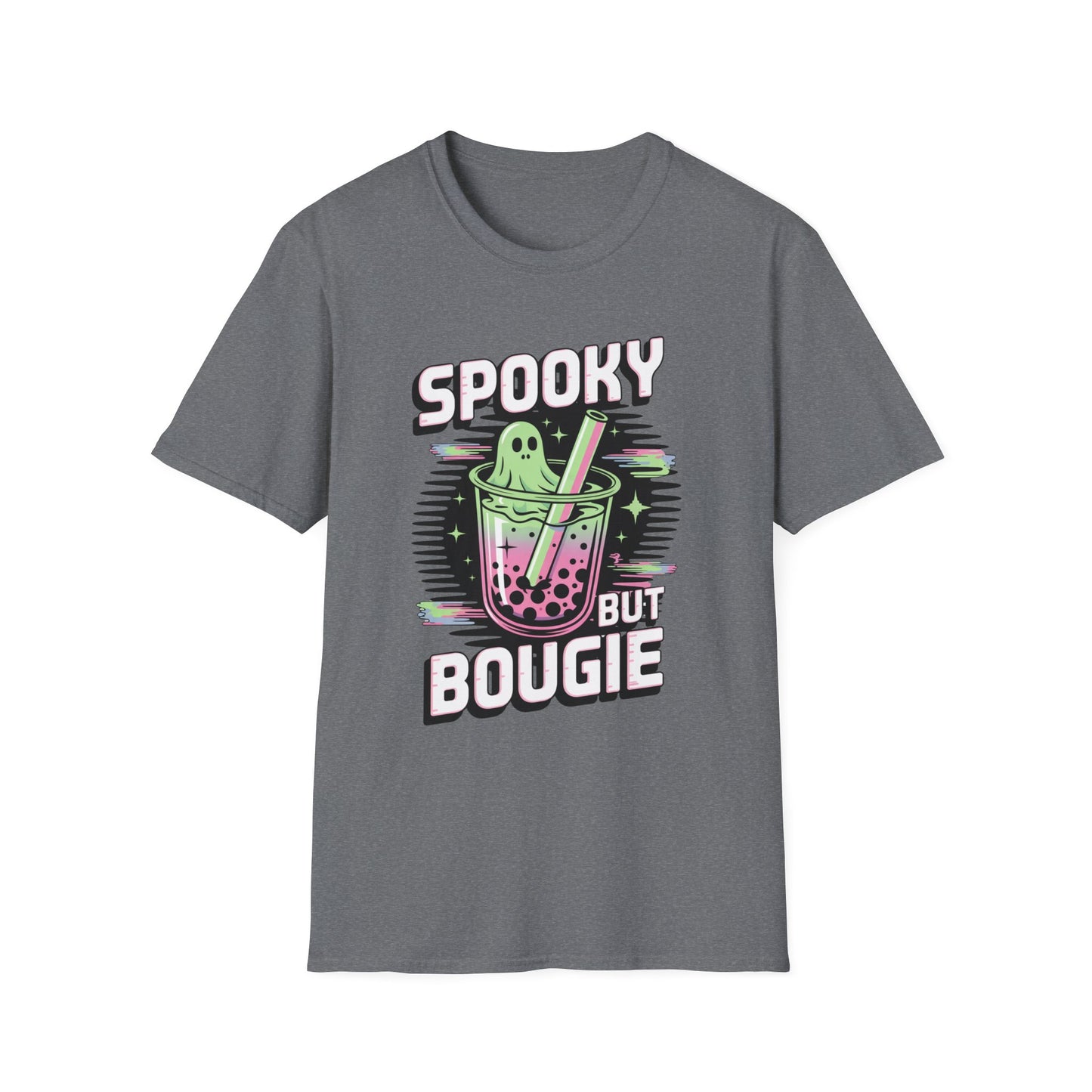 Ghostly Bubble Tea Unisex Softstyle T-Shirt, Spooky Sip, Halloween Tee, Bougie Spirit Shirt, Pastel Sparkles Shirt, Haunted Beverage Top