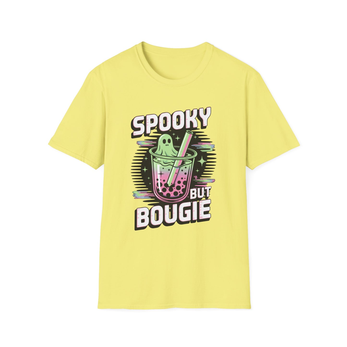 Ghostly Bubble Tea Unisex Softstyle T-Shirt, Spooky Sip, Halloween Tee, Bougie Spirit Shirt, Pastel Sparkles Shirt, Haunted Beverage Top