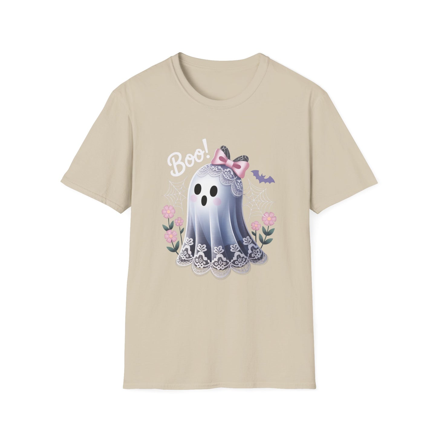 Lace Ghost T-Shirt, Halloween Tee, Cute Spooky Shirt, Haunted Flower Top, Pastel Goth Apparel, All-Occasion Casual Wear, Unisex Softstyle