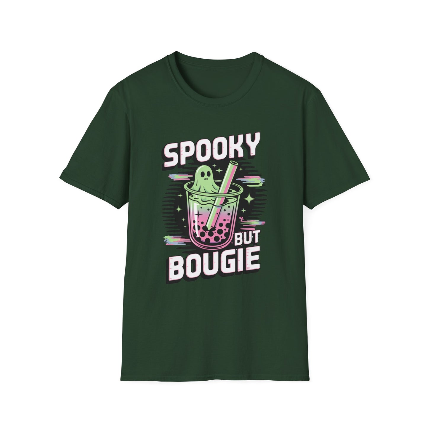 Ghostly Bubble Tea Unisex Softstyle T-Shirt, Spooky Sip, Halloween Tee, Bougie Spirit Shirt, Pastel Sparkles Shirt, Haunted Beverage Top
