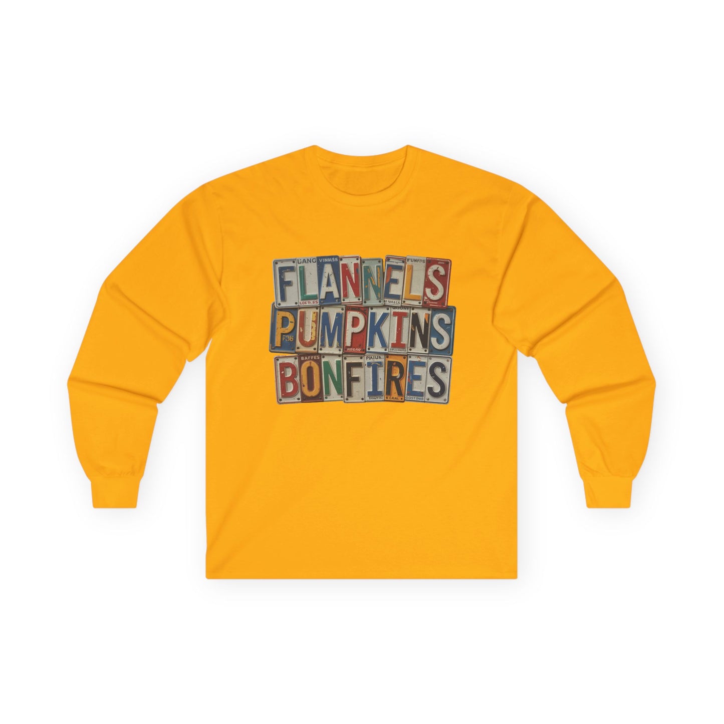 “Flannels, Pumpkins & Bonfires” Long Sleeve Tee – License Plate Layers Edition