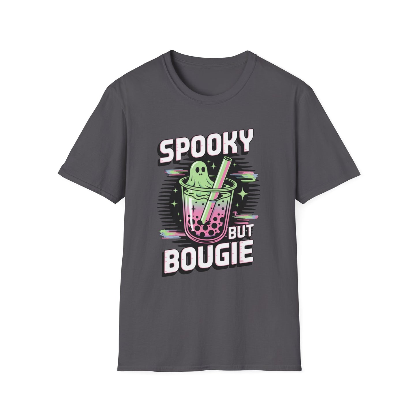 Ghostly Bubble Tea Unisex Softstyle T-Shirt, Spooky Sip, Halloween Tee, Bougie Spirit Shirt, Pastel Sparkles Shirt, Haunted Beverage Top