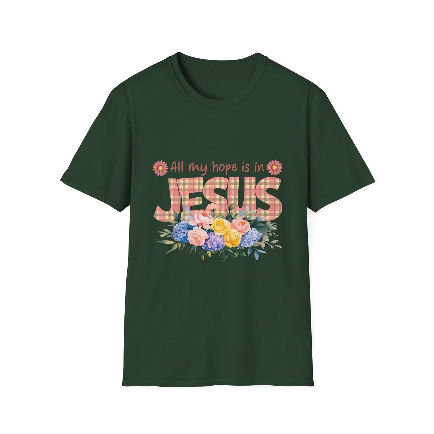 All My Hope Is in Jesus – Floral Faith Tee with Plaid Lettering