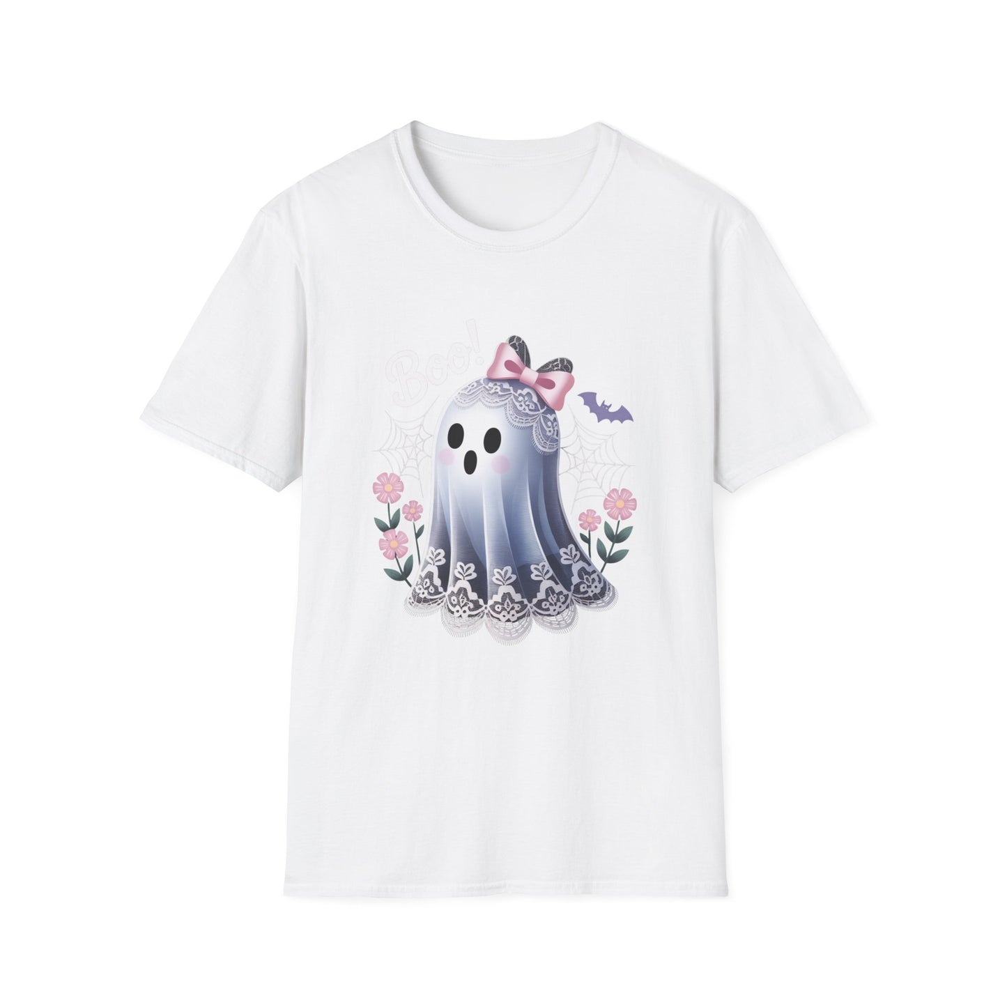 Lace Ghost T-Shirt, Halloween Tee, Cute Spooky Shirt, Haunted Flower Top, Pastel Goth Apparel, All-Occasion Casual Wear, Unisex Softstyle