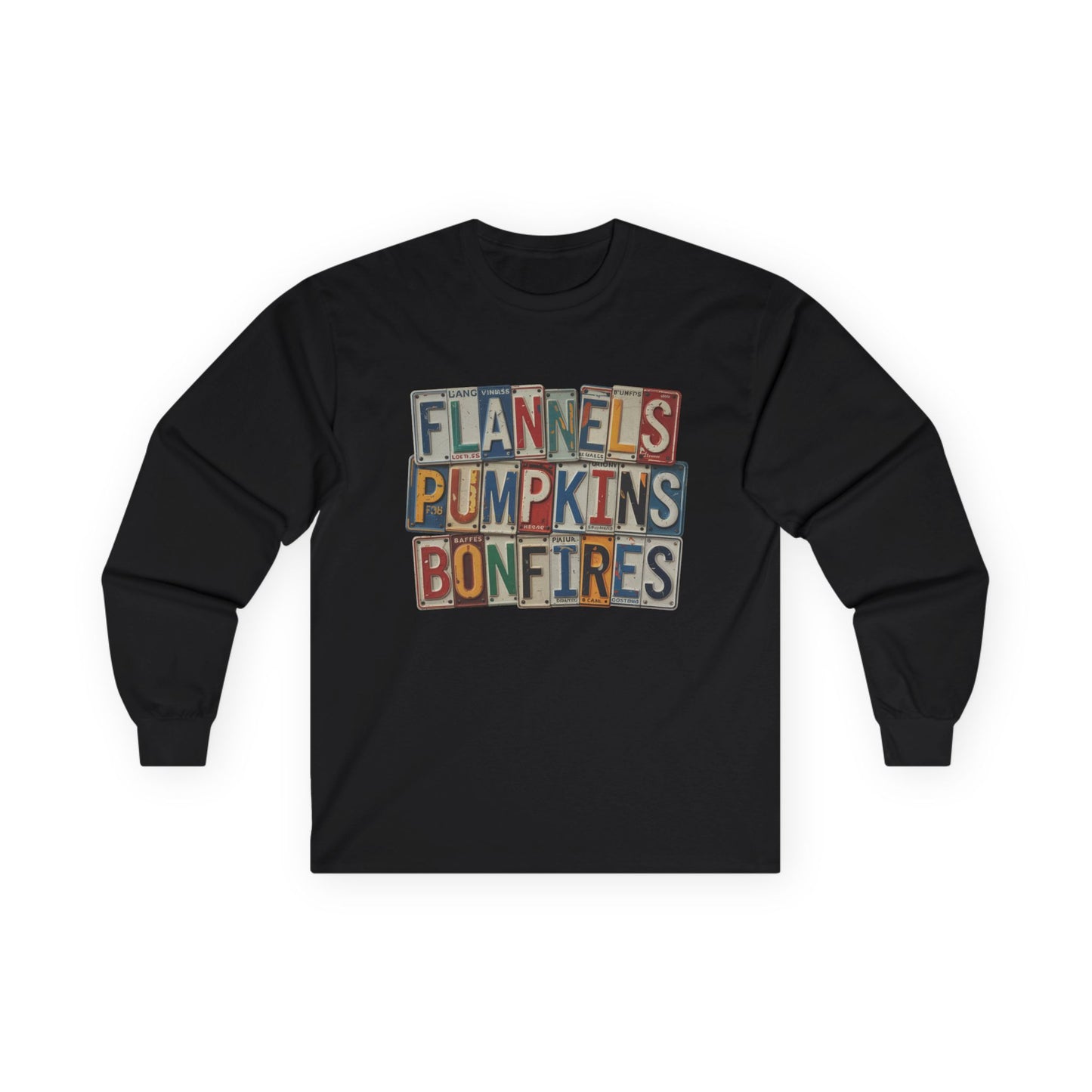 “Flannels, Pumpkins & Bonfires” Long Sleeve Tee – License Plate Layers Edition