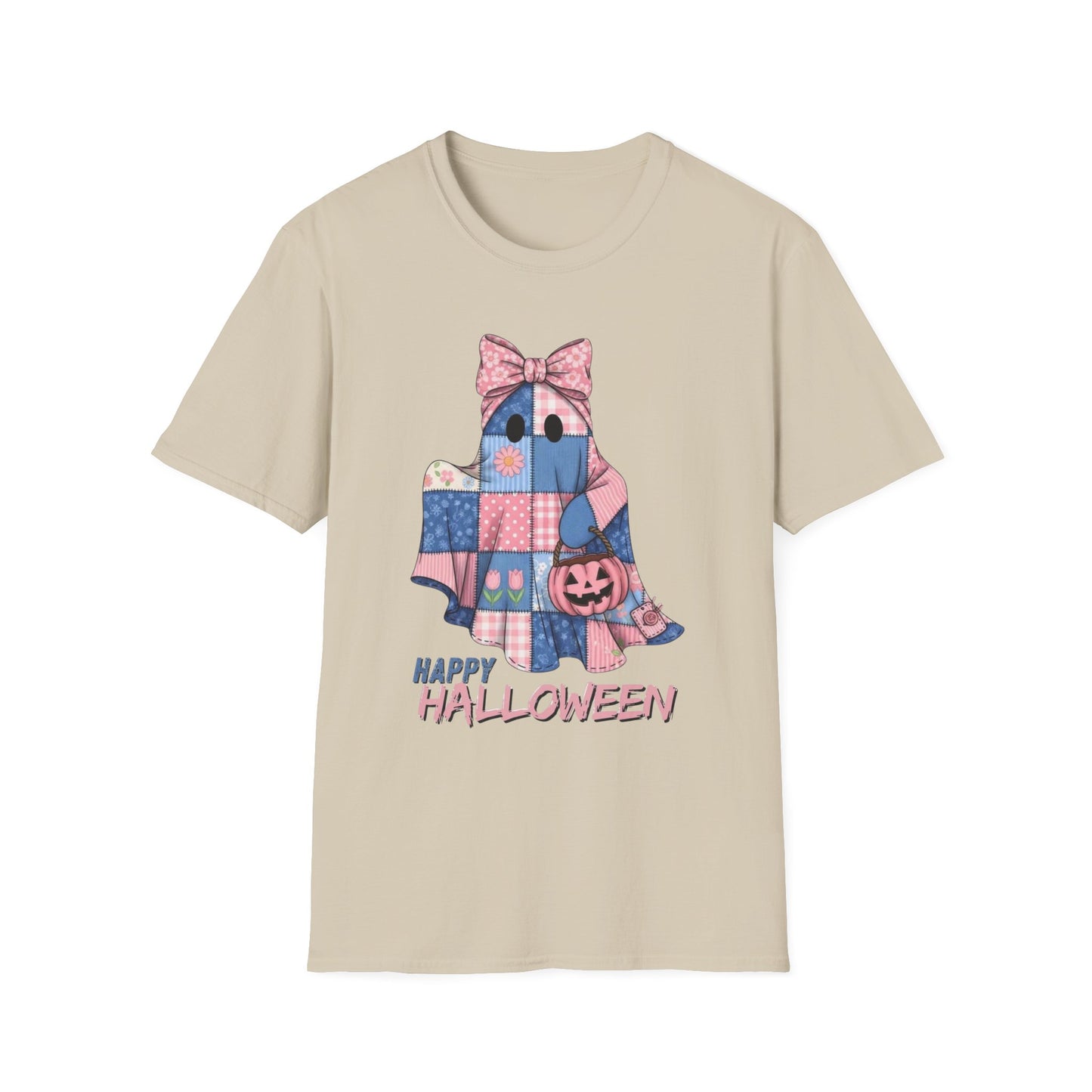 Patch and Boo, Spooky Happy Plush Character Unisex Softstyle T-Shirt, Halloween Trick-or-Treat Apparel, Stitched Style Shirt