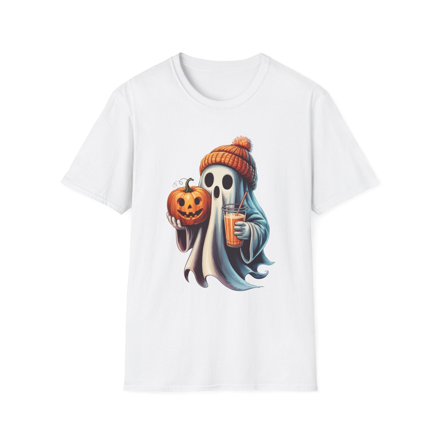Sip and Boo Unisex Softstyle T-Shirt - Ghostlike Pop-Art Mascot Tee, Halloween Trick-or-Treat Apparel