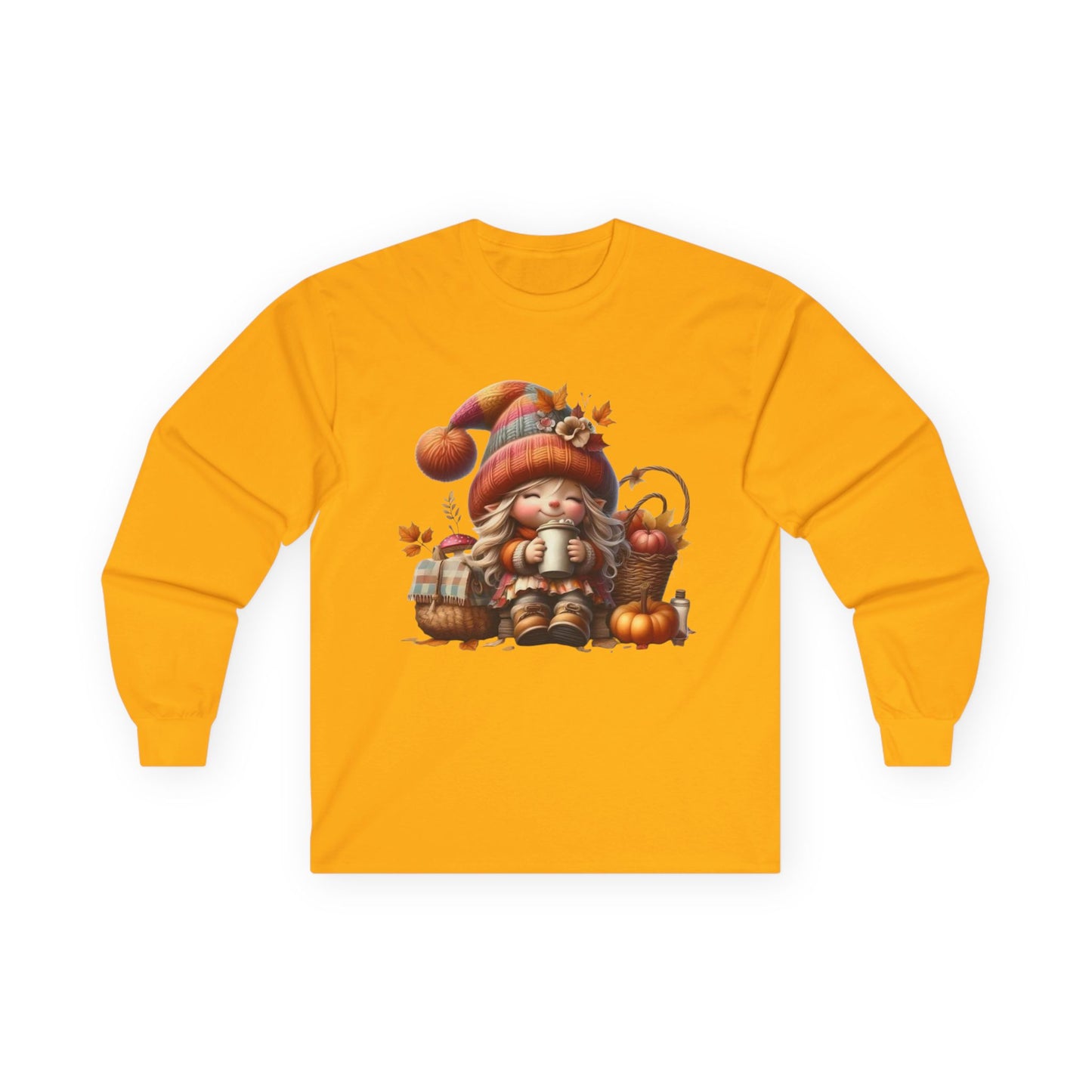 “Cozy Cup Gnome” Long Sleeve Tee – Autumn Hearth Edition