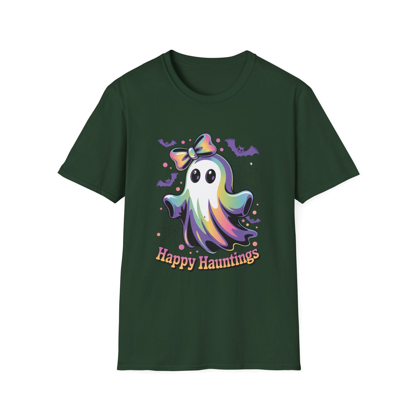 Happy Hauntings Unisex Softstyle T-Shirt - Ghostlike Pop-Art Mascot Tee, Halloween Trick-or-Treat Apparel