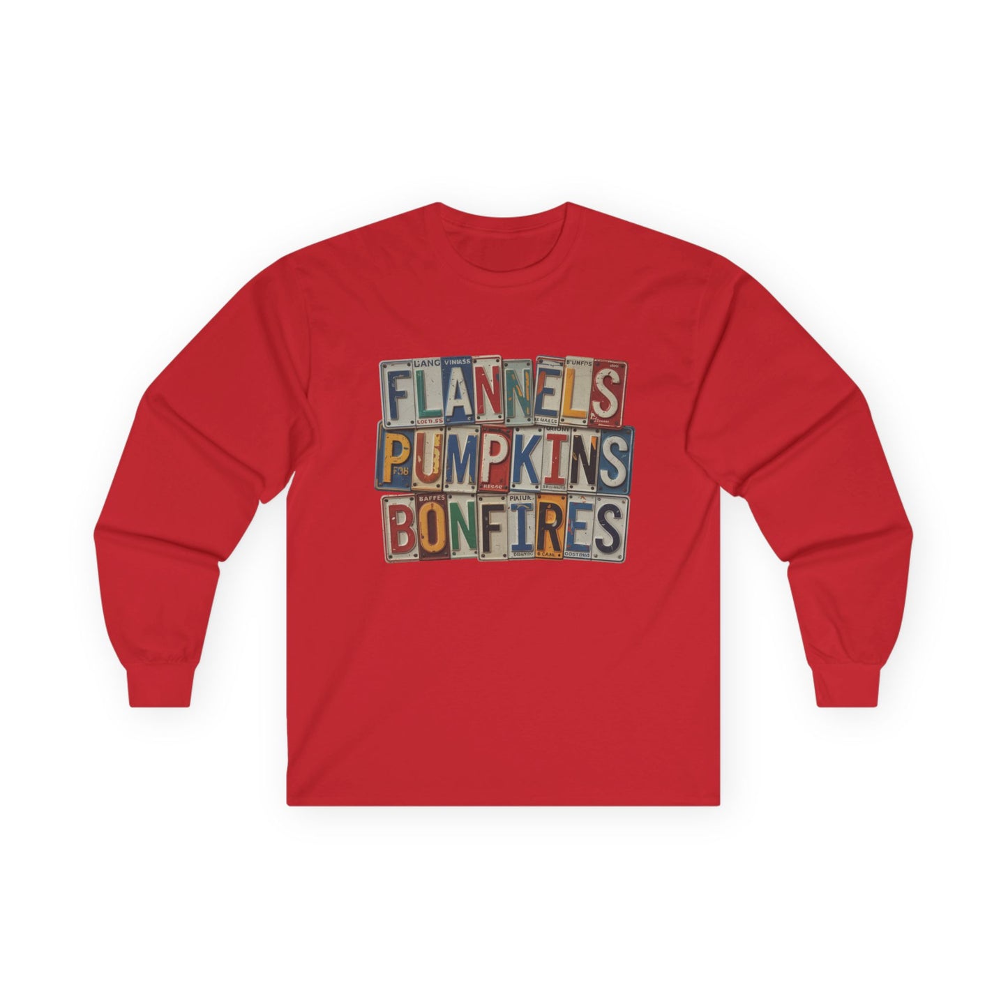 “Flannels, Pumpkins & Bonfires” Long Sleeve Tee – License Plate Layers Edition