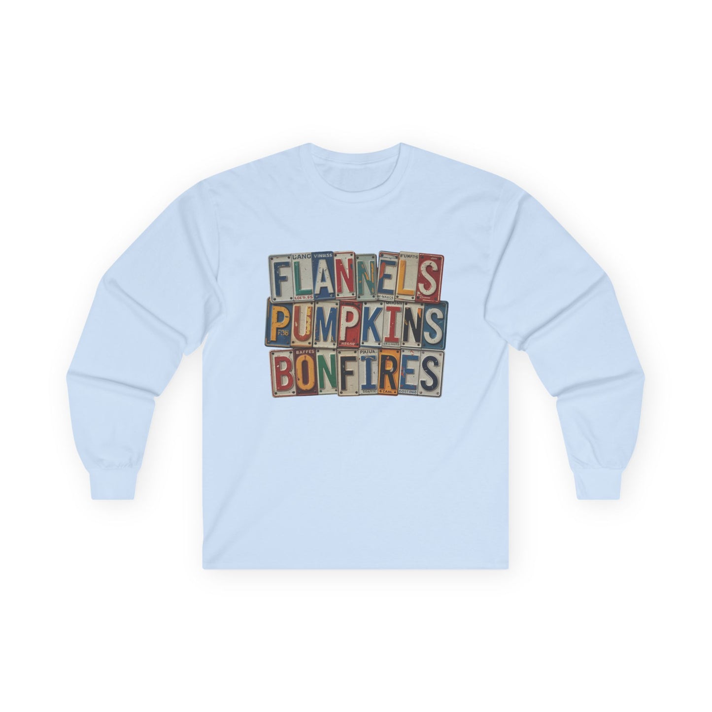 “Flannels, Pumpkins & Bonfires” Long Sleeve Tee – License Plate Layers Edition