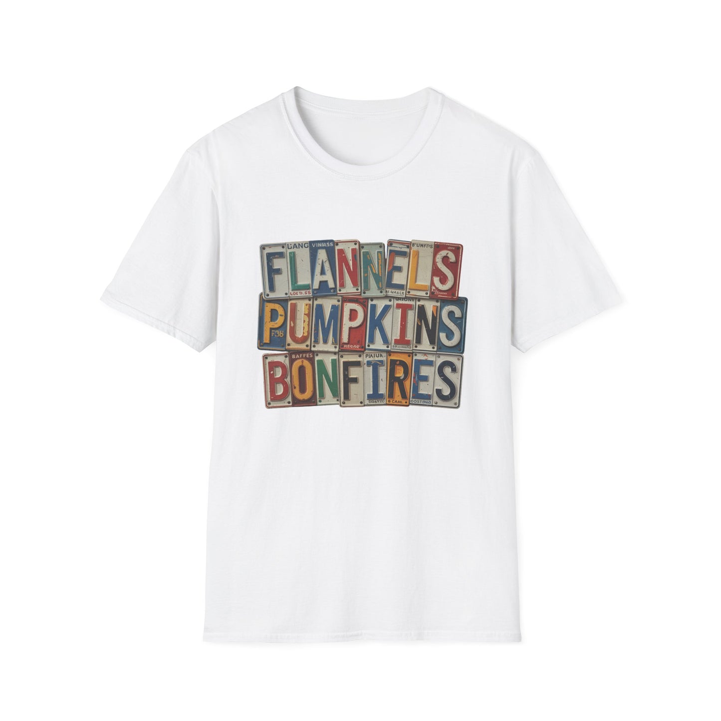 “Flannels, Pumpkins & Bonfires” Tee – License Plate Layers Edition