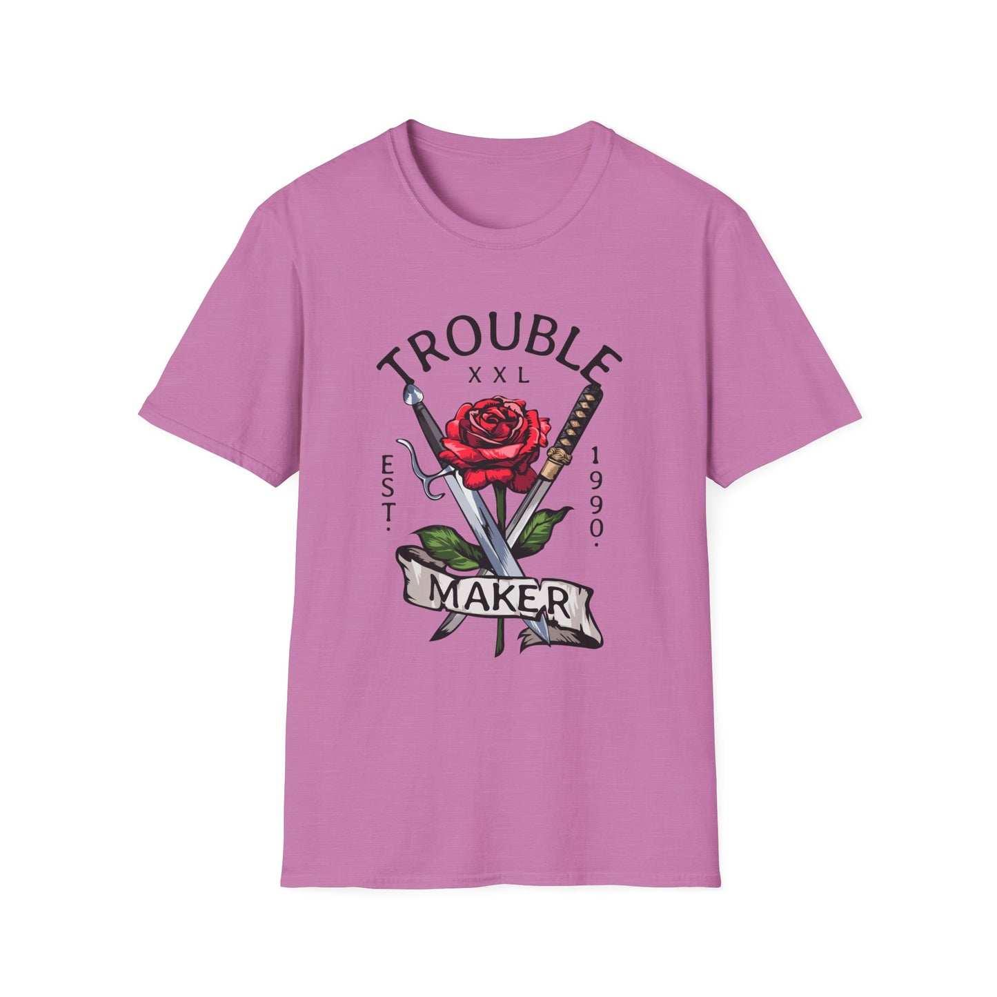 Trouble Maker Graphic T-Shirt with Red Rose and Swords Design