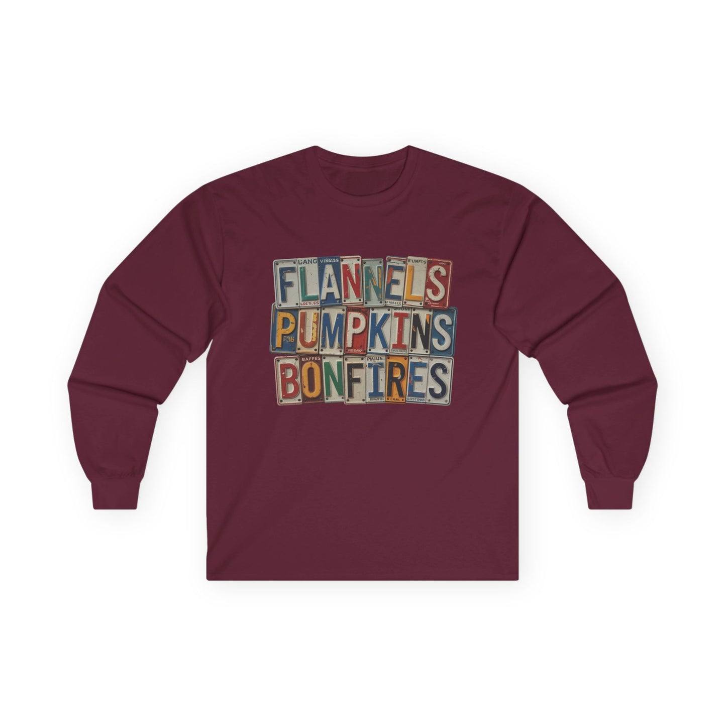 “Flannels, Pumpkins & Bonfires” Long Sleeve Tee – License Plate Layers Edition