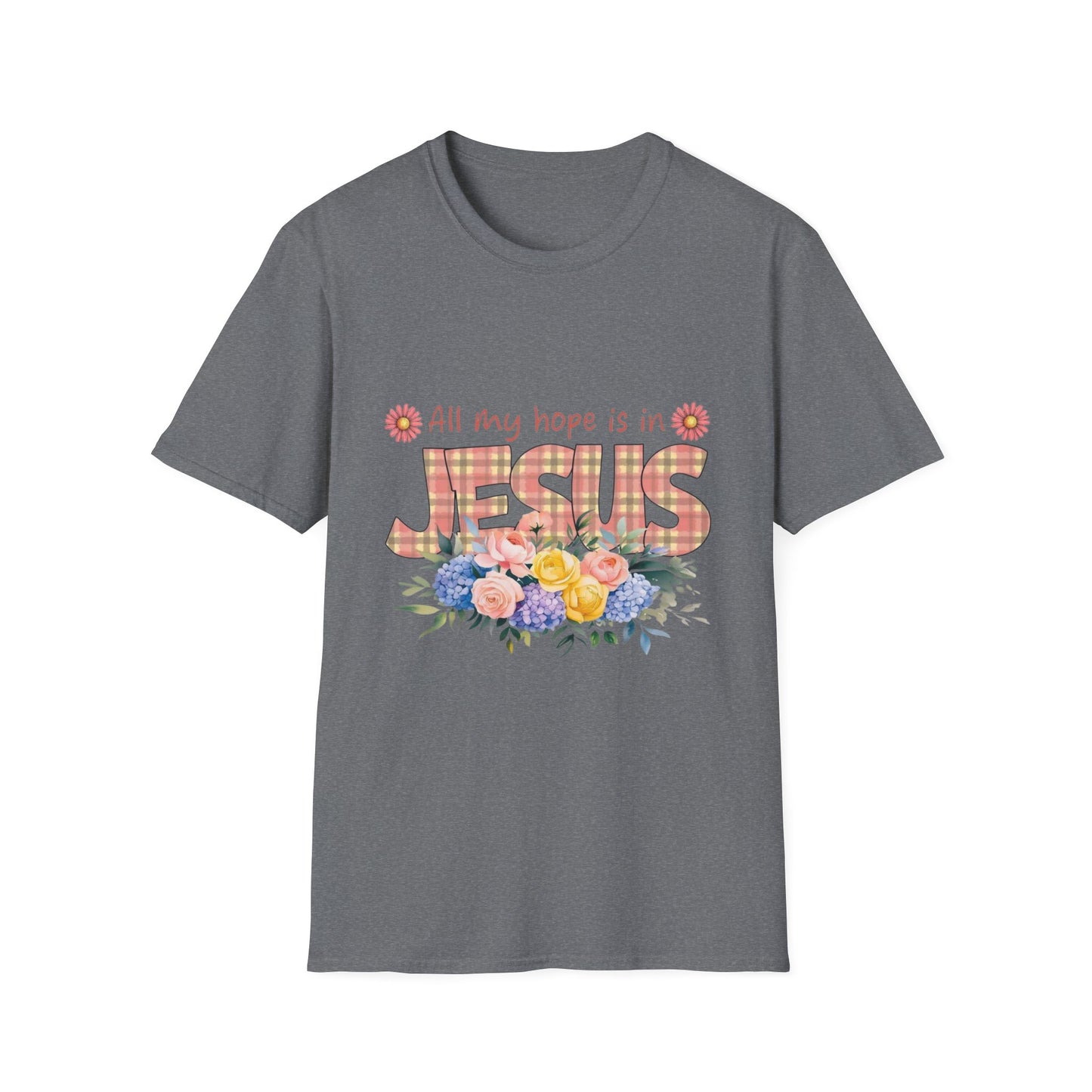 All My Hope Is in Jesus – Floral Faith Tee with Plaid Lettering