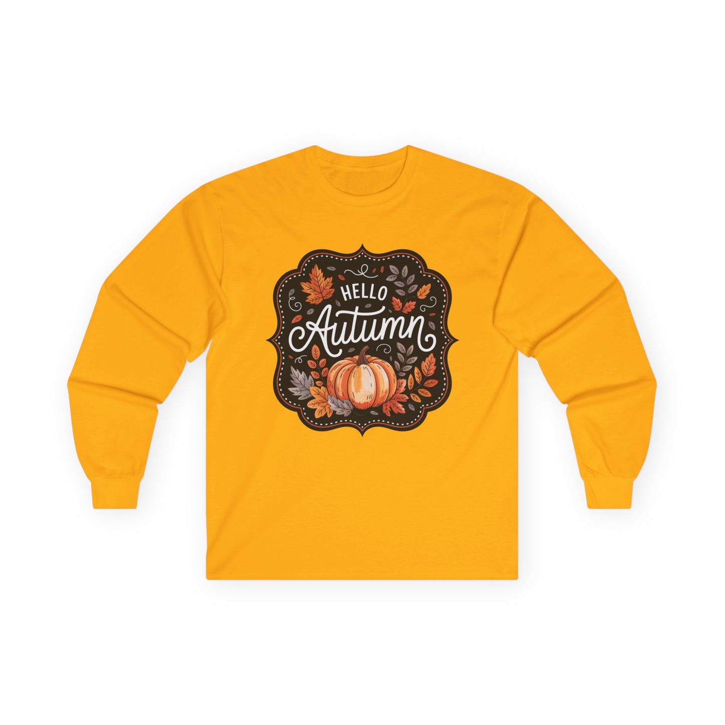 “Hello Autumn” Long Sleeve Tee – Pumpkin & Leaves Edition
