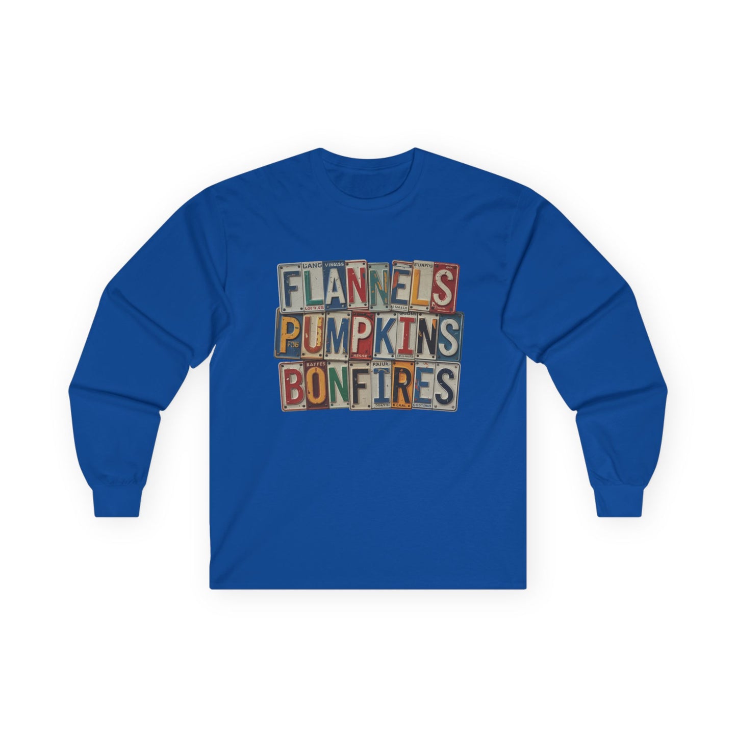 “Flannels, Pumpkins & Bonfires” Long Sleeve Tee – License Plate Layers Edition