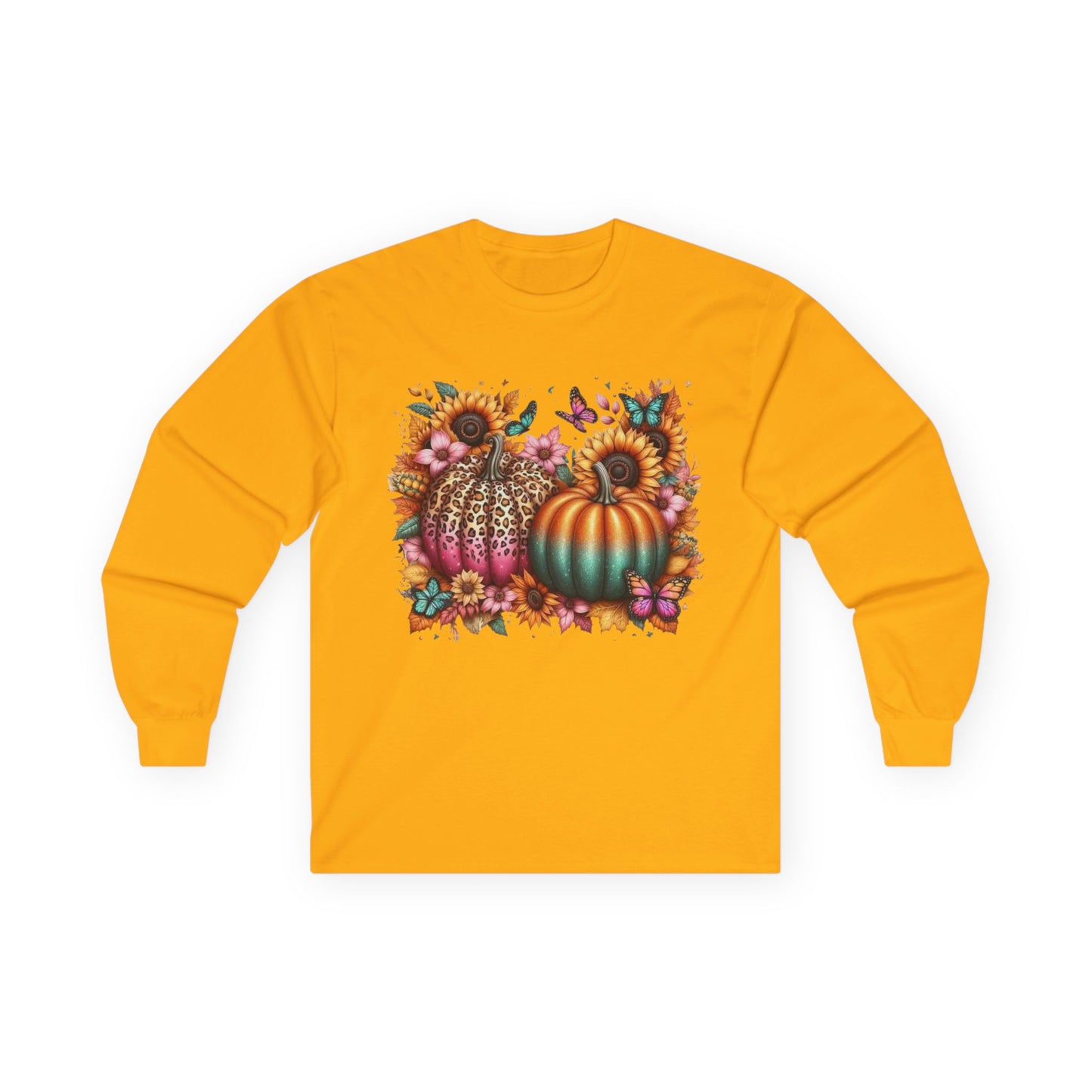 “Wild Bloom Pumpkins” Long Sleeve Tee – Leopard Luxe & Teal Twilight Edition