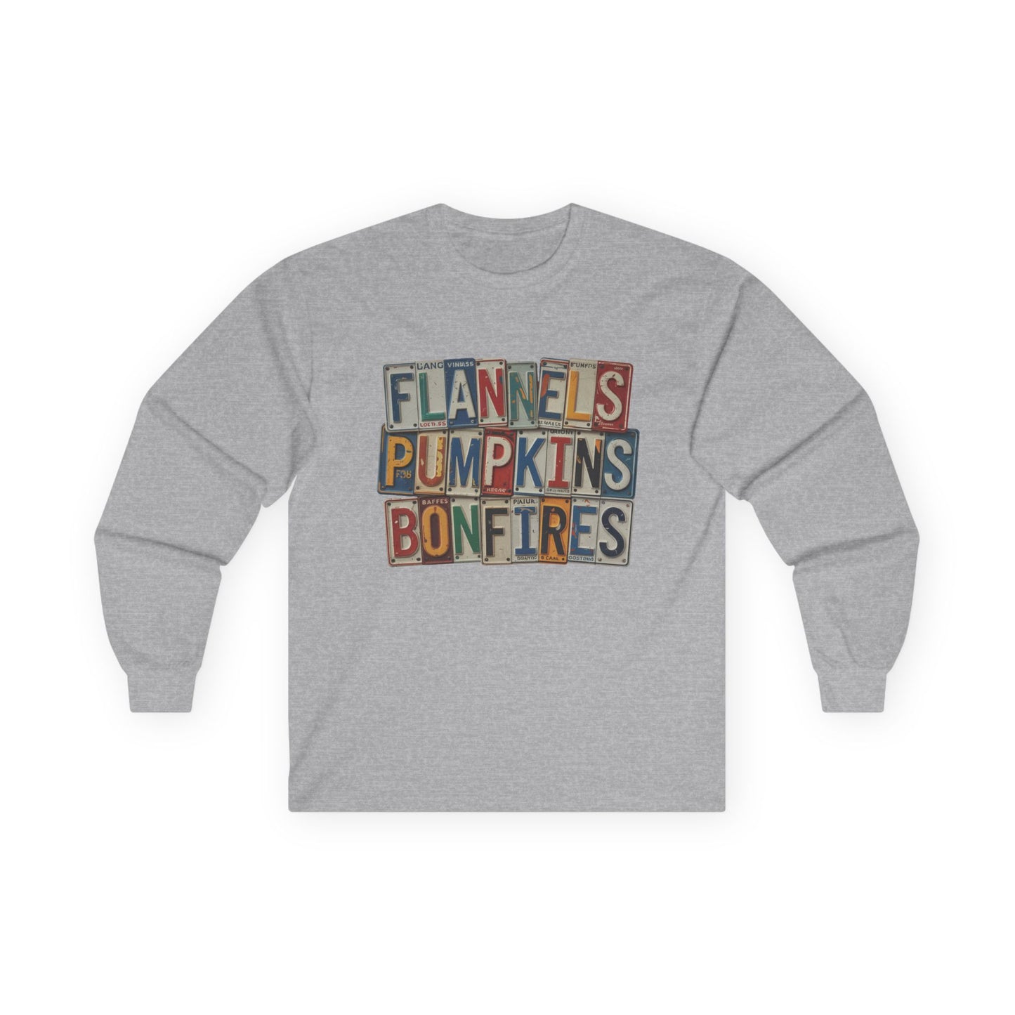 “Flannels, Pumpkins & Bonfires” Long Sleeve Tee – License Plate Layers Edition