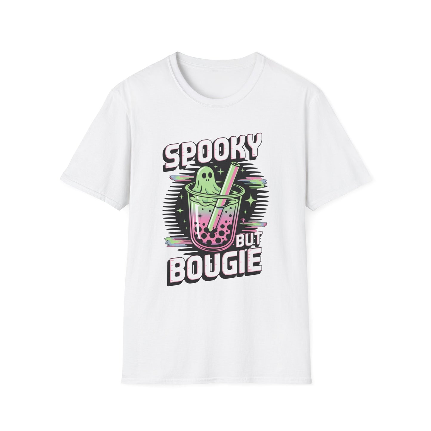Ghostly Bubble Tea Unisex Softstyle T-Shirt, Spooky Sip, Halloween Tee, Bougie Spirit Shirt, Pastel Sparkles Shirt, Haunted Beverage Top