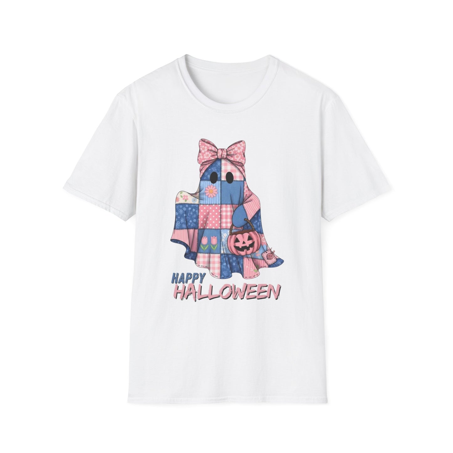 Patch and Boo, Spooky Happy Plush Character Unisex Softstyle T-Shirt, Halloween Trick-or-Treat Apparel, Stitched Style Shirt