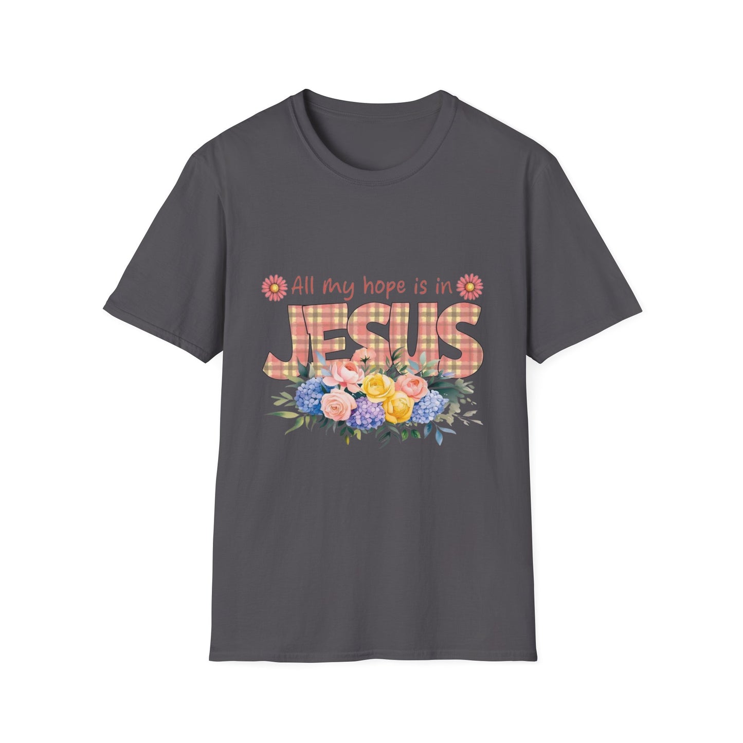 All My Hope Is in Jesus – Floral Faith Tee with Plaid Lettering