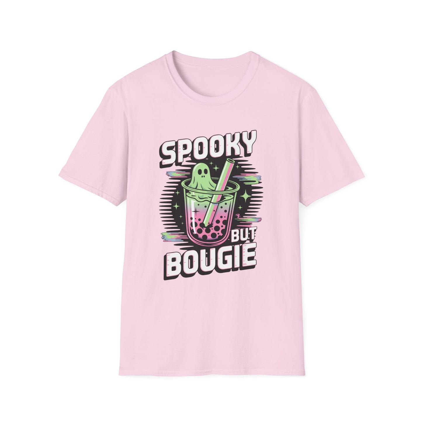 Ghostly Bubble Tea Unisex Softstyle T-Shirt, Spooky Sip, Halloween Tee, Bougie Spirit Shirt, Pastel Sparkles Shirt, Haunted Beverage Top
