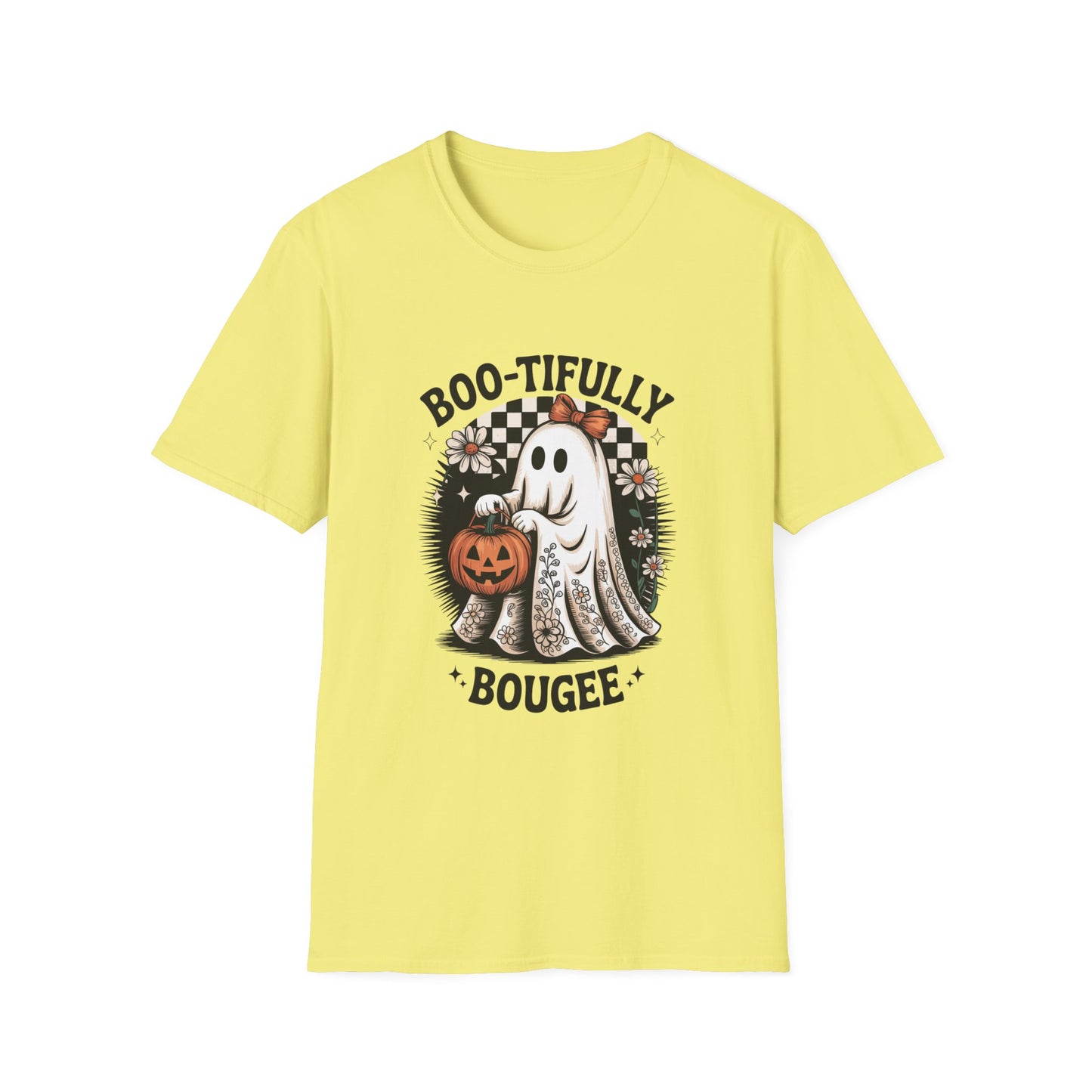 Boo-tifully Bougee Unisex Softstyle T-Shirt - Ghostlike Pop-Art Mascot Tee, Halloween Trick-or-Treat Apparel