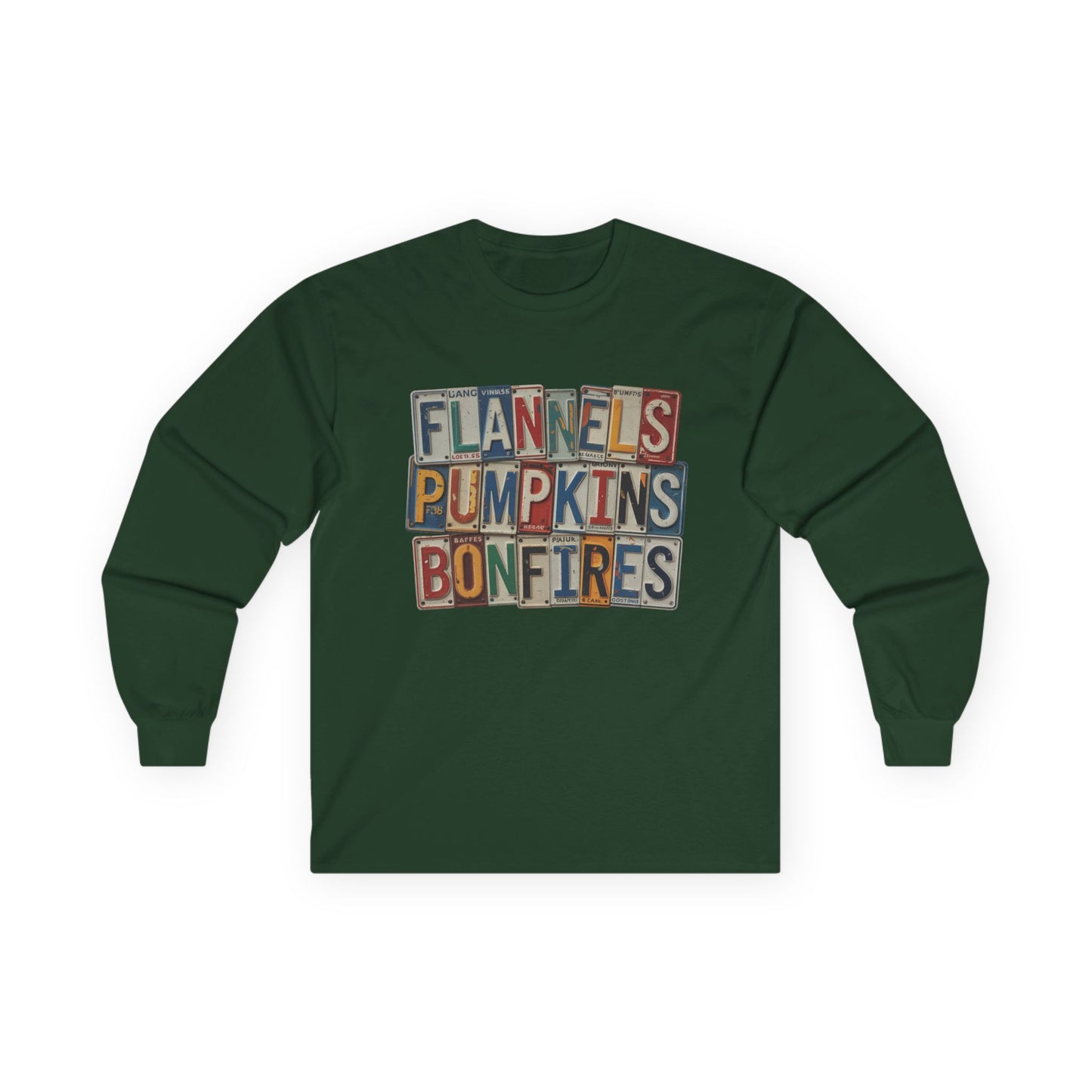 “Flannels, Pumpkins & Bonfires” Long Sleeve Tee – License Plate Layers Edition