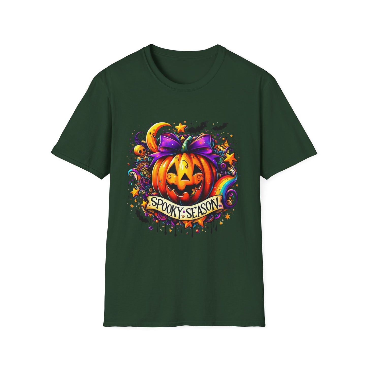 Jack-O'-Lantern Celebration Softstyle T-Shirt, Halloween Shirt, Colorful Pop Art Tee, Festive Chaos Top, Sparkly Rainbow Swirl Tshirt