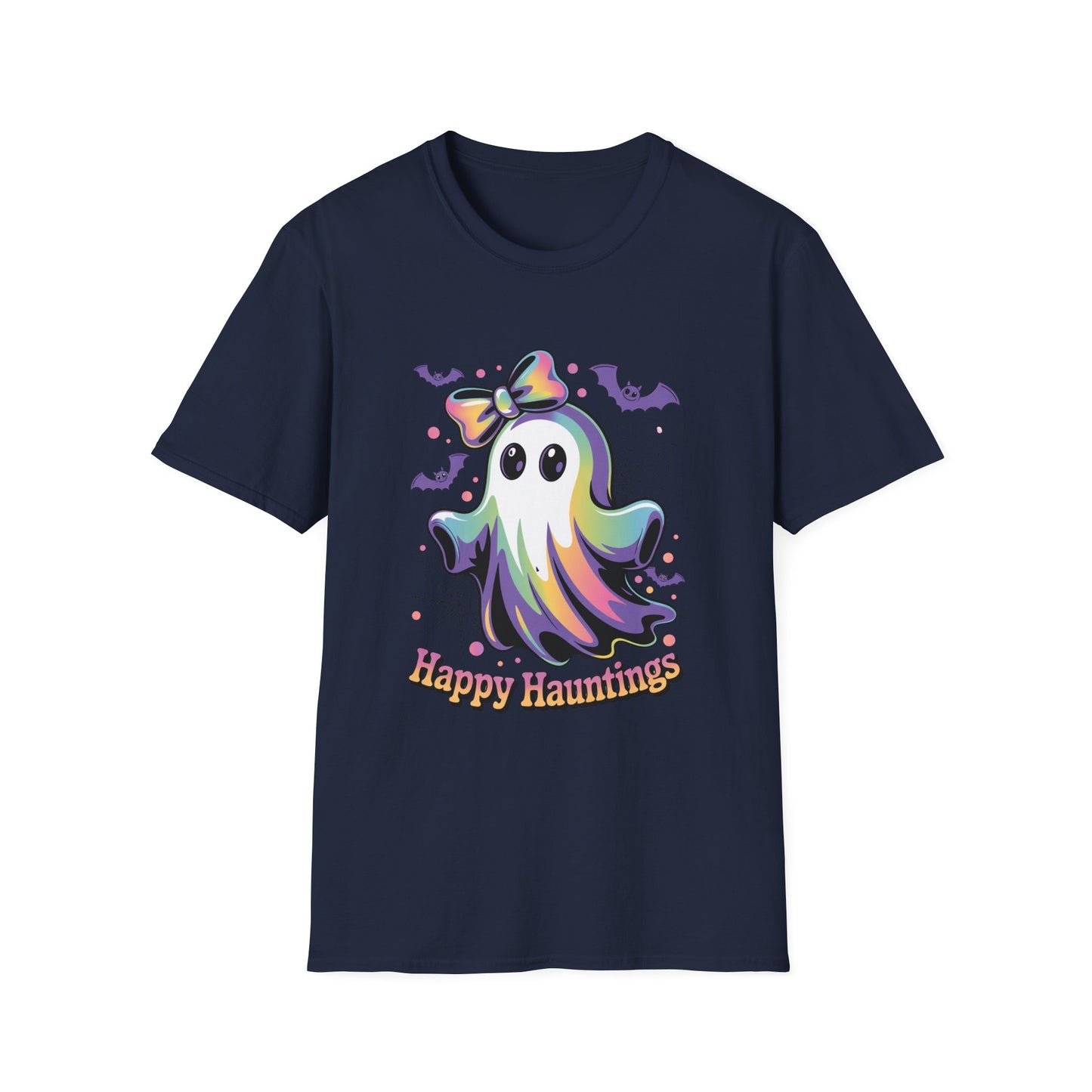 Happy Hauntings Unisex Softstyle T-Shirt - Ghostlike Pop-Art Mascot Tee, Halloween Trick-or-Treat Apparel