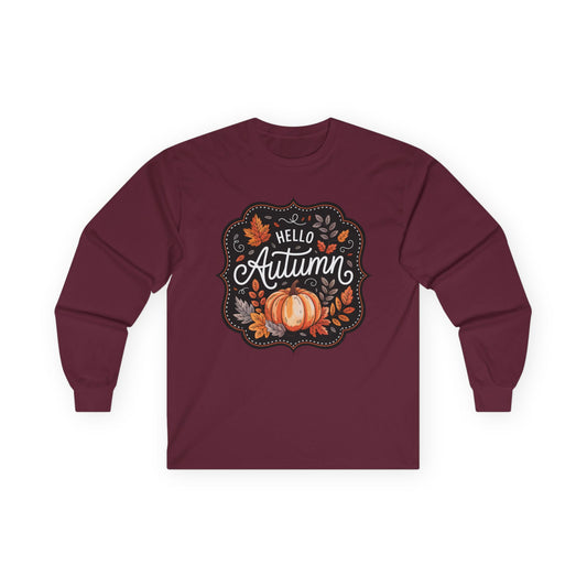 “Hello Autumn” Long Sleeve Tee – Pumpkin & Leaves Edition