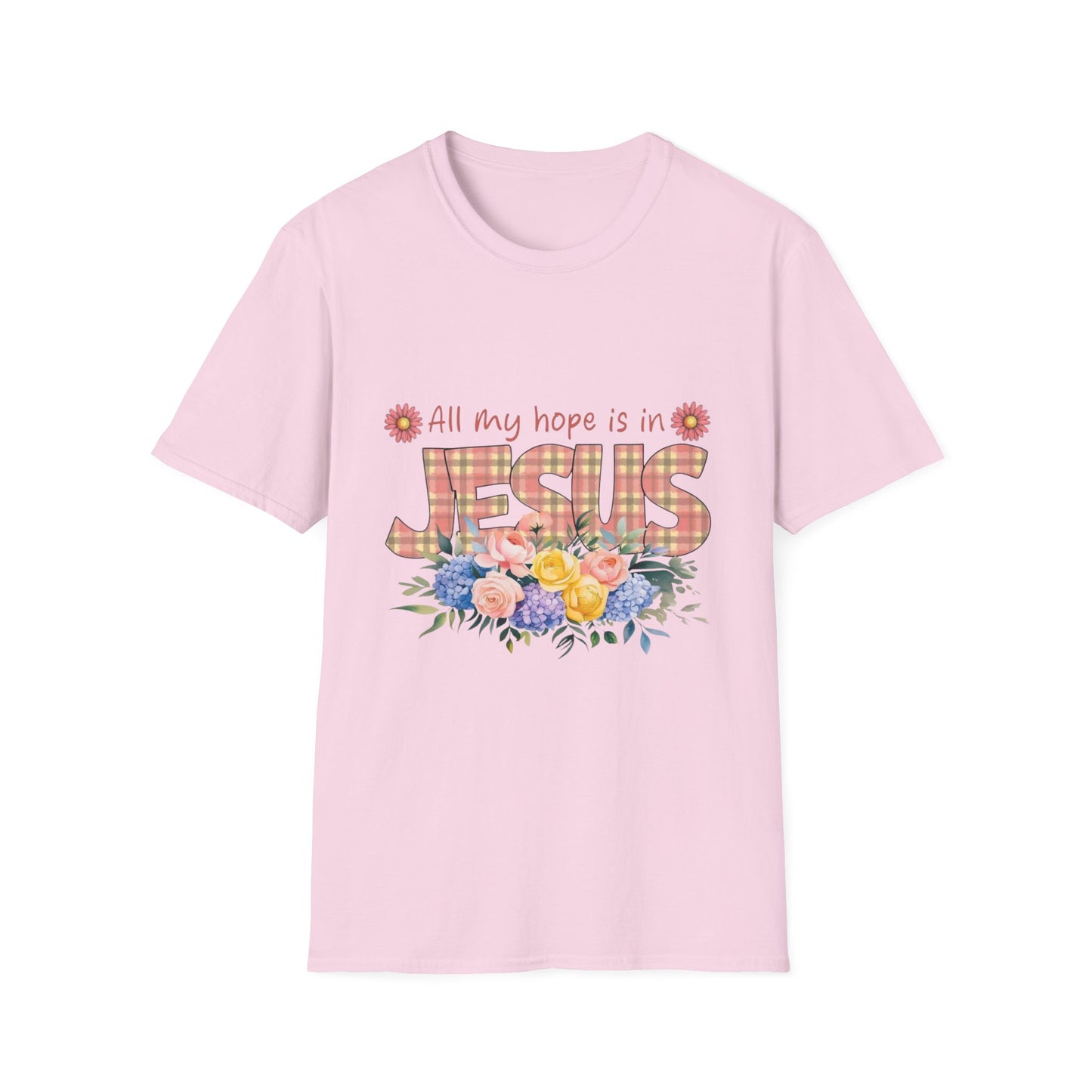 All My Hope Is in Jesus – Floral Faith Tee with Plaid Lettering