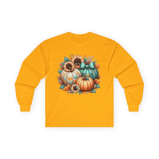 “Harvest Hearts & Bows” Long Sleeve Tee – Pumpkin Trio Edition